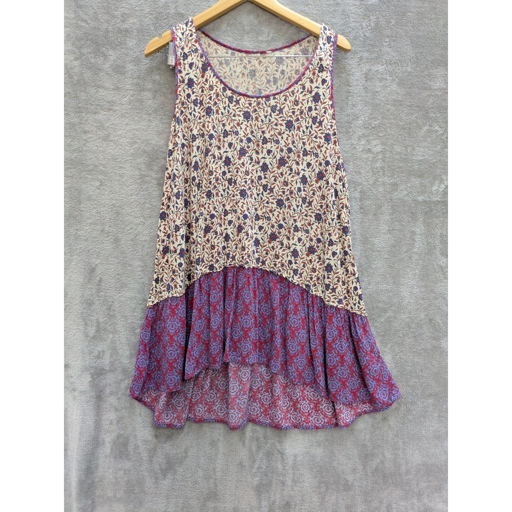 Boho Mixed Print Tank Top Women XL Floral Paisley Ruffle Hem